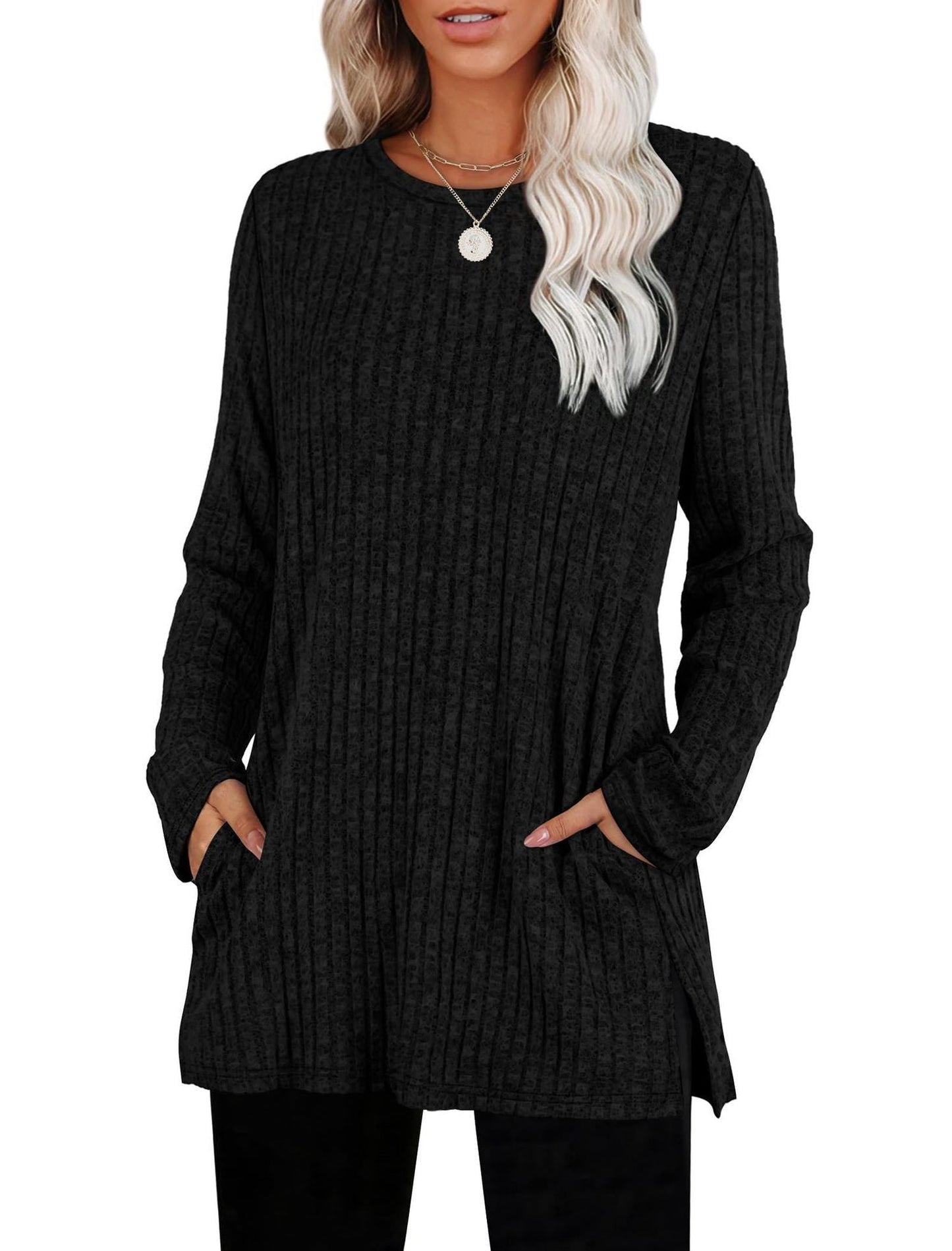Lockerer Pullover aus geripptem Strickstoff mit Taschen