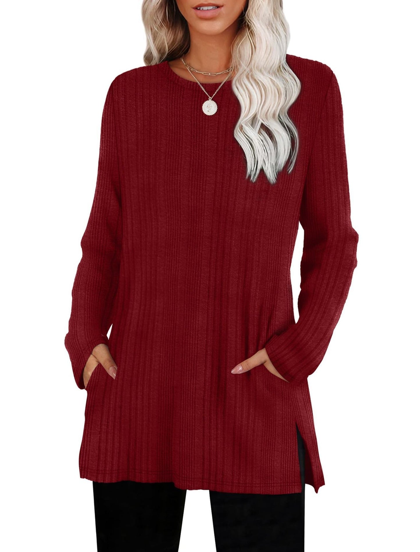 Lockerer Pullover aus geripptem Strickstoff mit Taschen