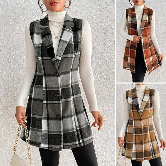 Weste mit Reverskragen und Knopfleiste im Karomuster