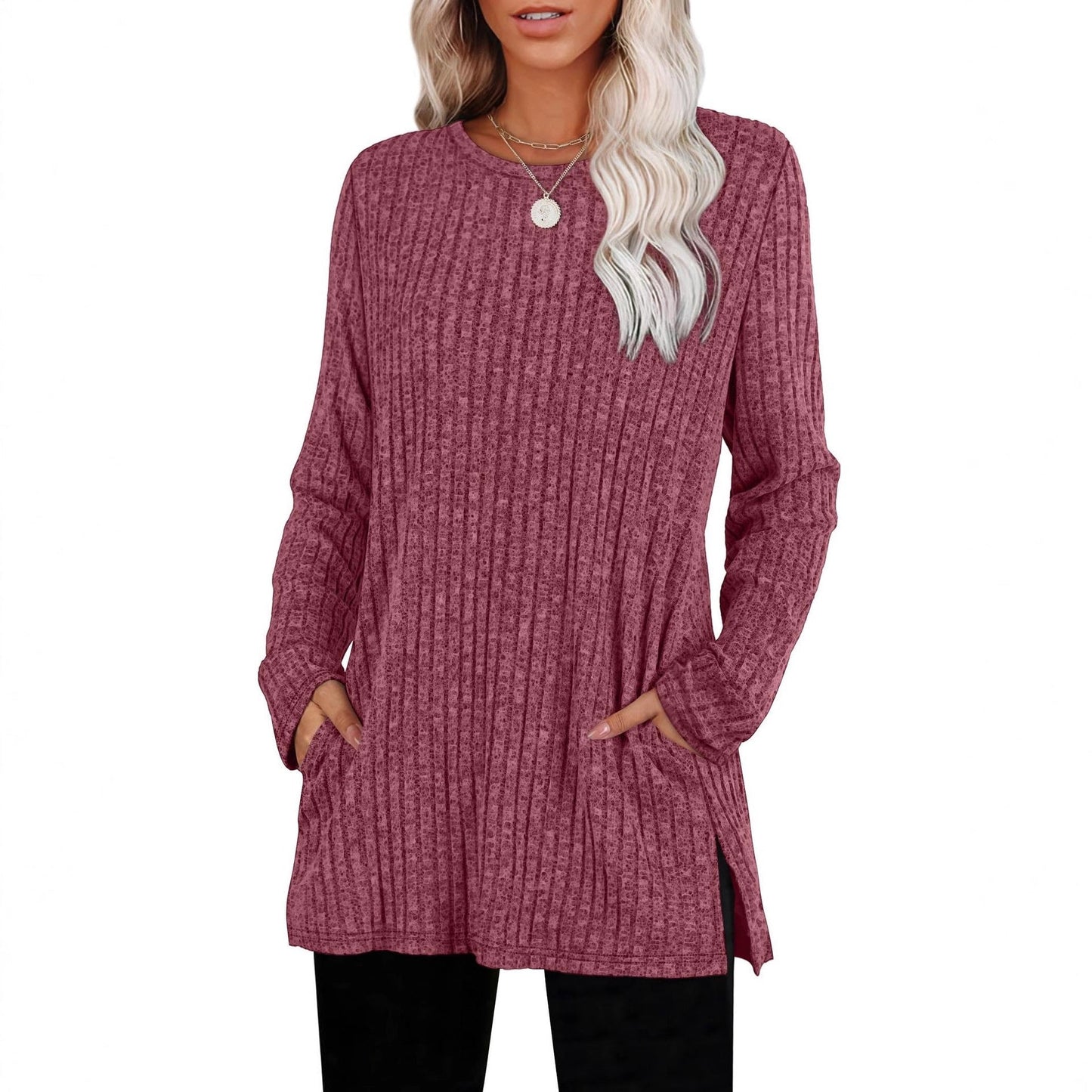 Lockerer Pullover aus geripptem Strickstoff mit Taschen