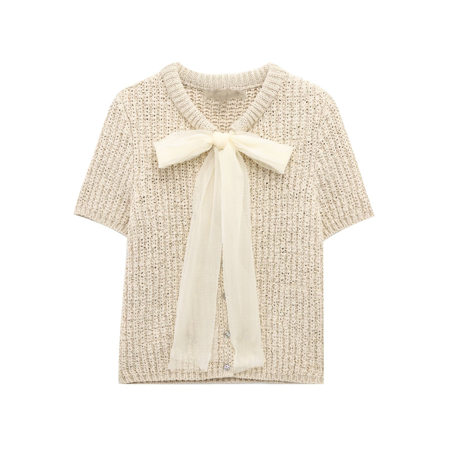 Strickpullover mit Organza-Schleife und Knopfleiste