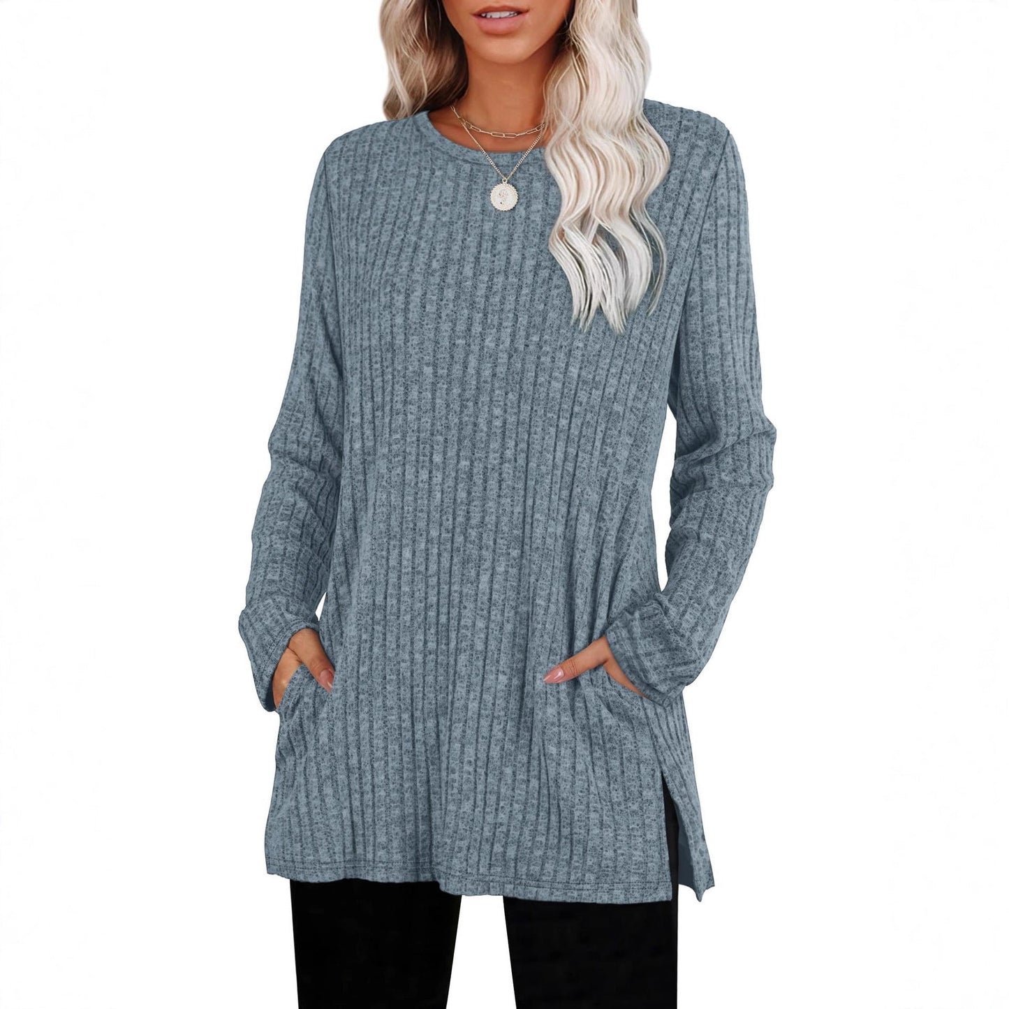 Lockerer Pullover aus geripptem Strickstoff mit Taschen