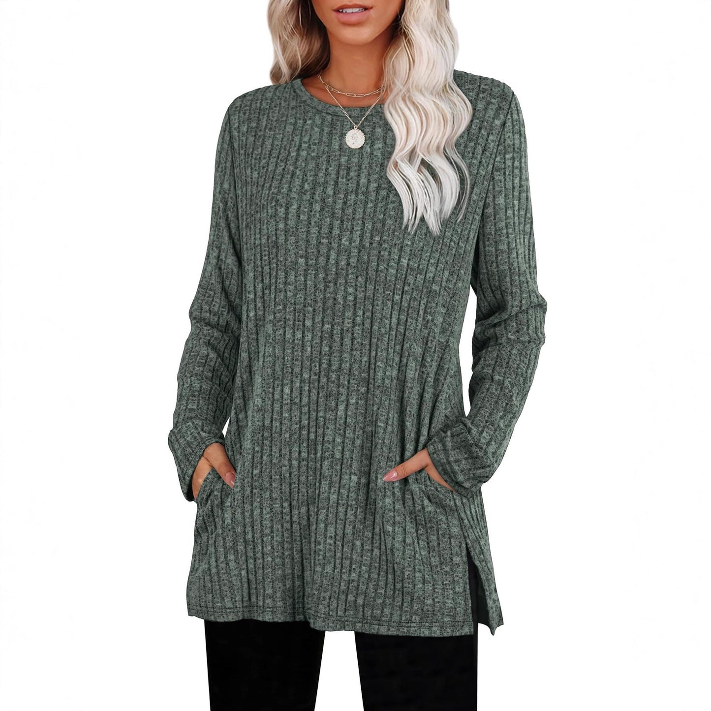Lockerer Pullover aus geripptem Strickstoff mit Taschen