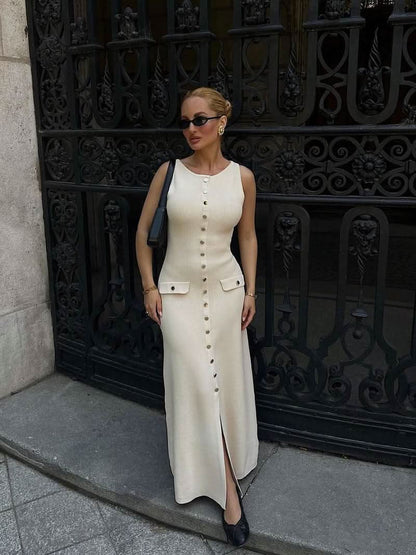 Ärmelloses Maxikleid mit Knopfleiste und Taschen